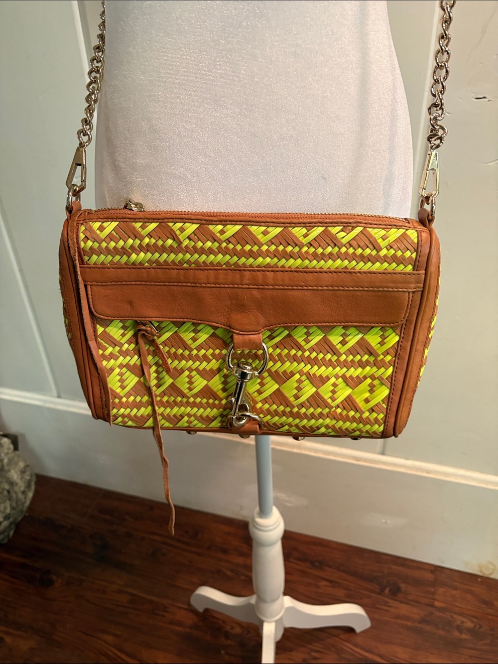 Rebecca Minkoff Yellow Woven Crossbody with Brown Leather Trim